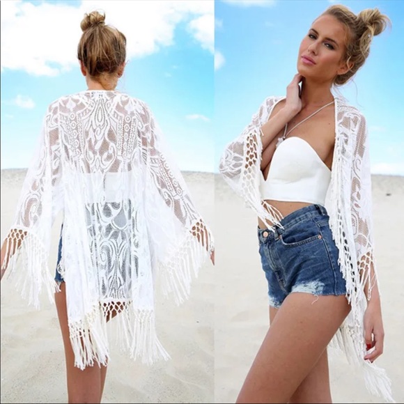 BOHO COVERUP KIMONO WHITE LACE CROCHET - Picture 2 of 6